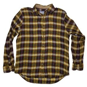 32 Bar Blues Plaid 100% Linen Button Down Shirt Mens Size Small